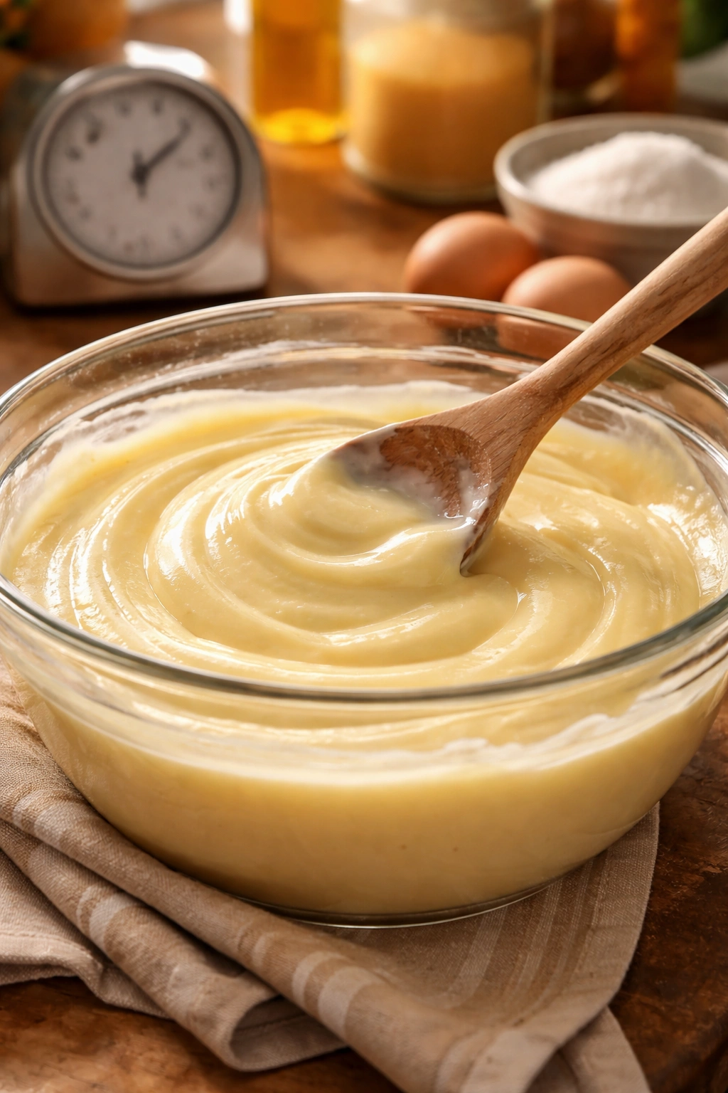 Velvety custard in a bowl with a timer in the background