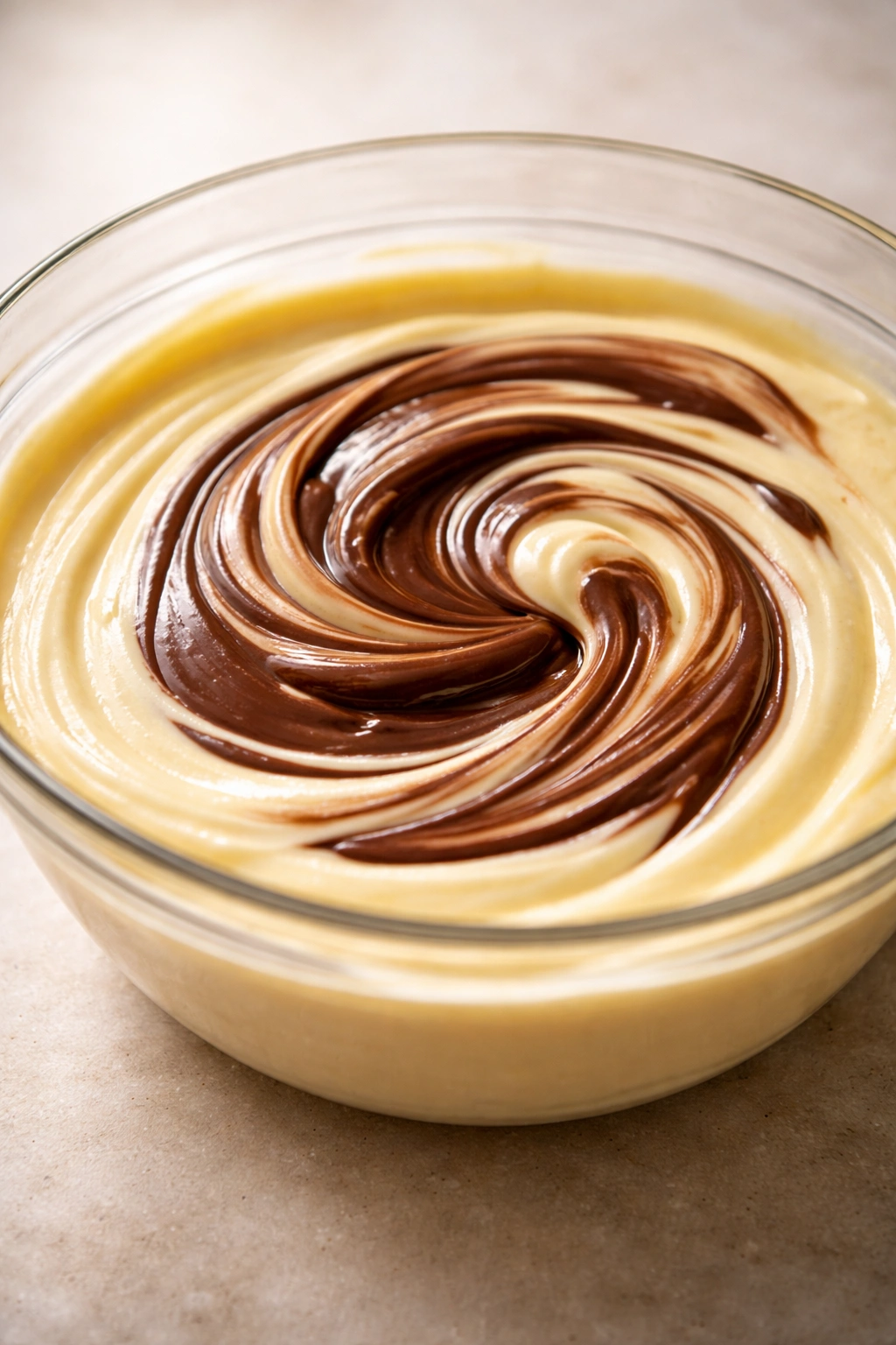 Vanilla custard with chocolate mix-in swirl in a glass bowl