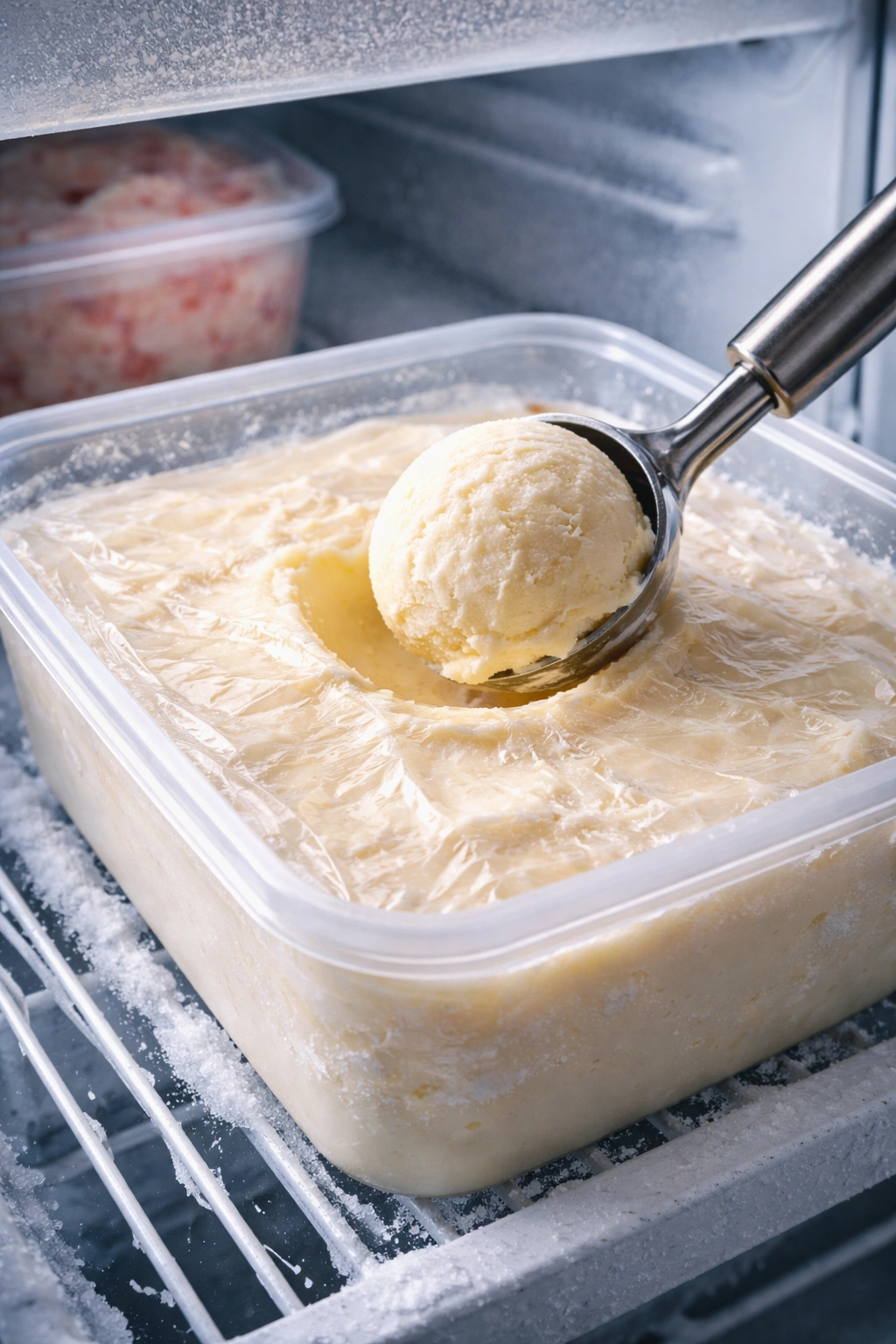 Ice cream tub with plastic wrap pressed on surface inside a freezer