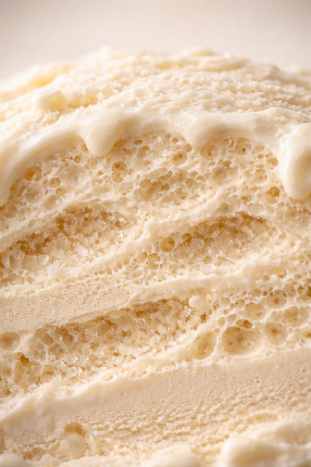 Macro cross-section of ice cream showing air pockets and creamy texture