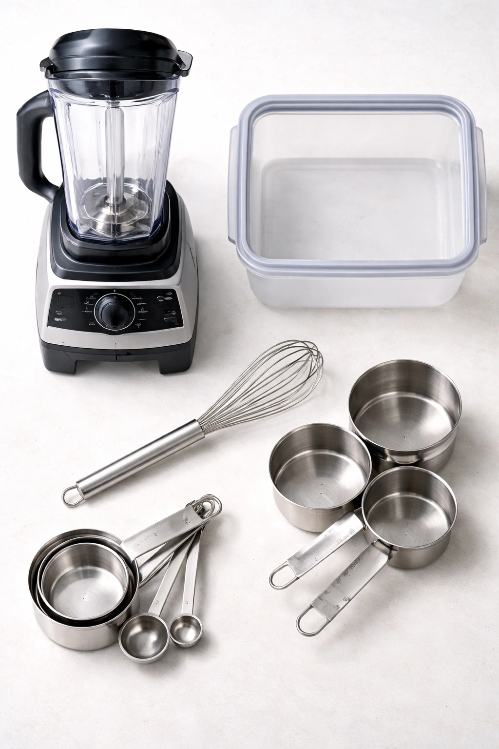 Still life of essential ice cream-making tools on a clean surface