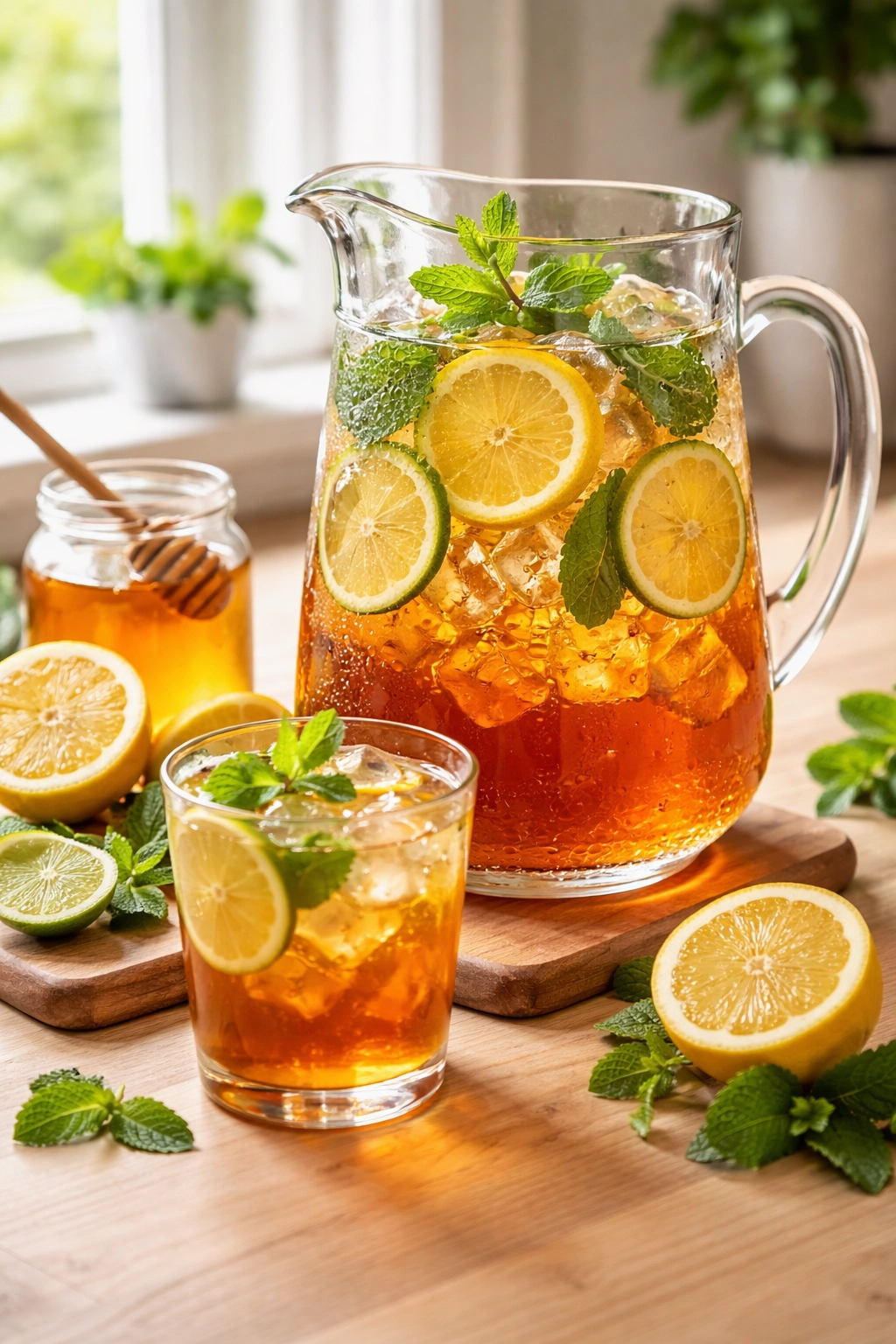 Pitcher of iced herbal tea with lemon, lime, mint and ice on a wooden surface