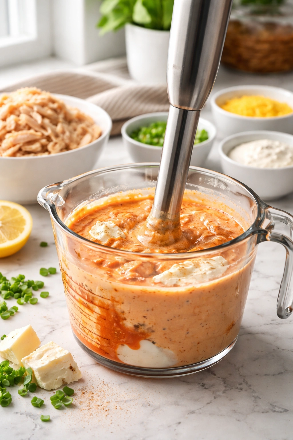 Immersion blender blending buffalo sauce ingredients in a measuring cup
