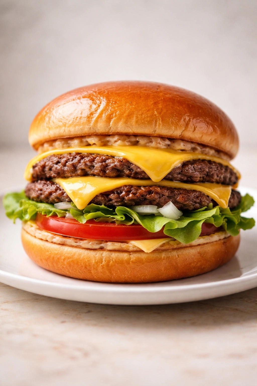 Close-up of a single In-N-Out Burger showing glossy bun, cheese, lettuce, and tomato.