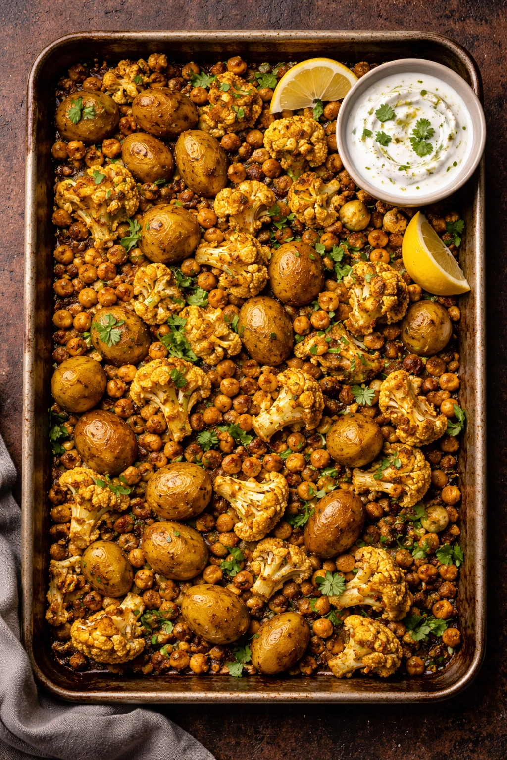 Indian-spiced chickpeas with cauliflower and potatoes on sheet pan