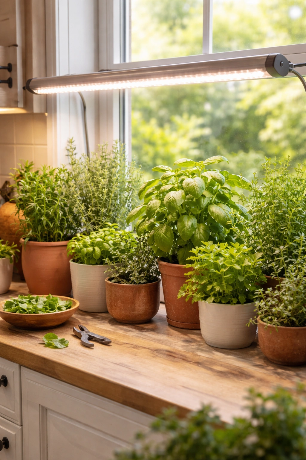 Indoor herb window sill with grow light