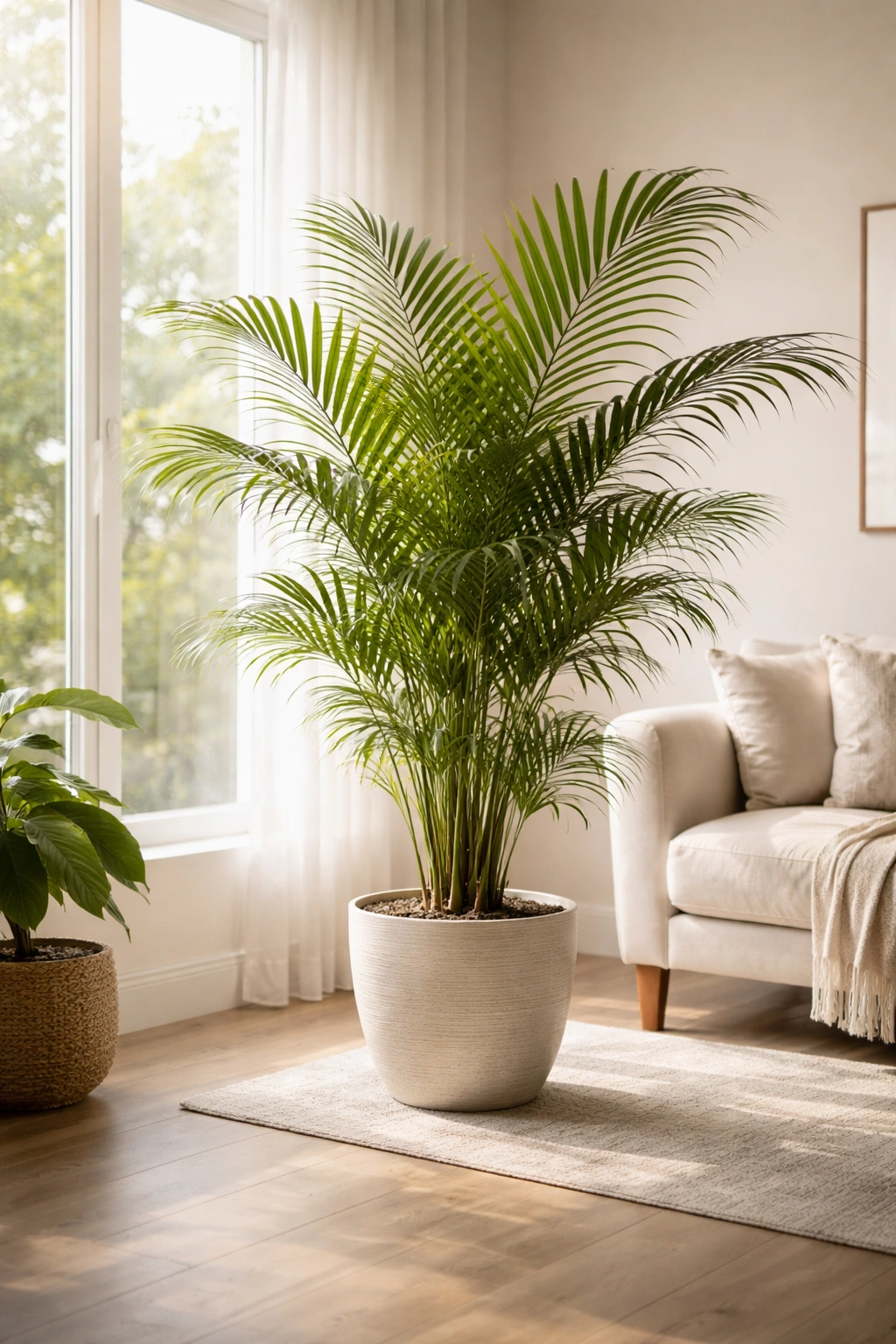 Indoor palm tree in bright living room with indirect light