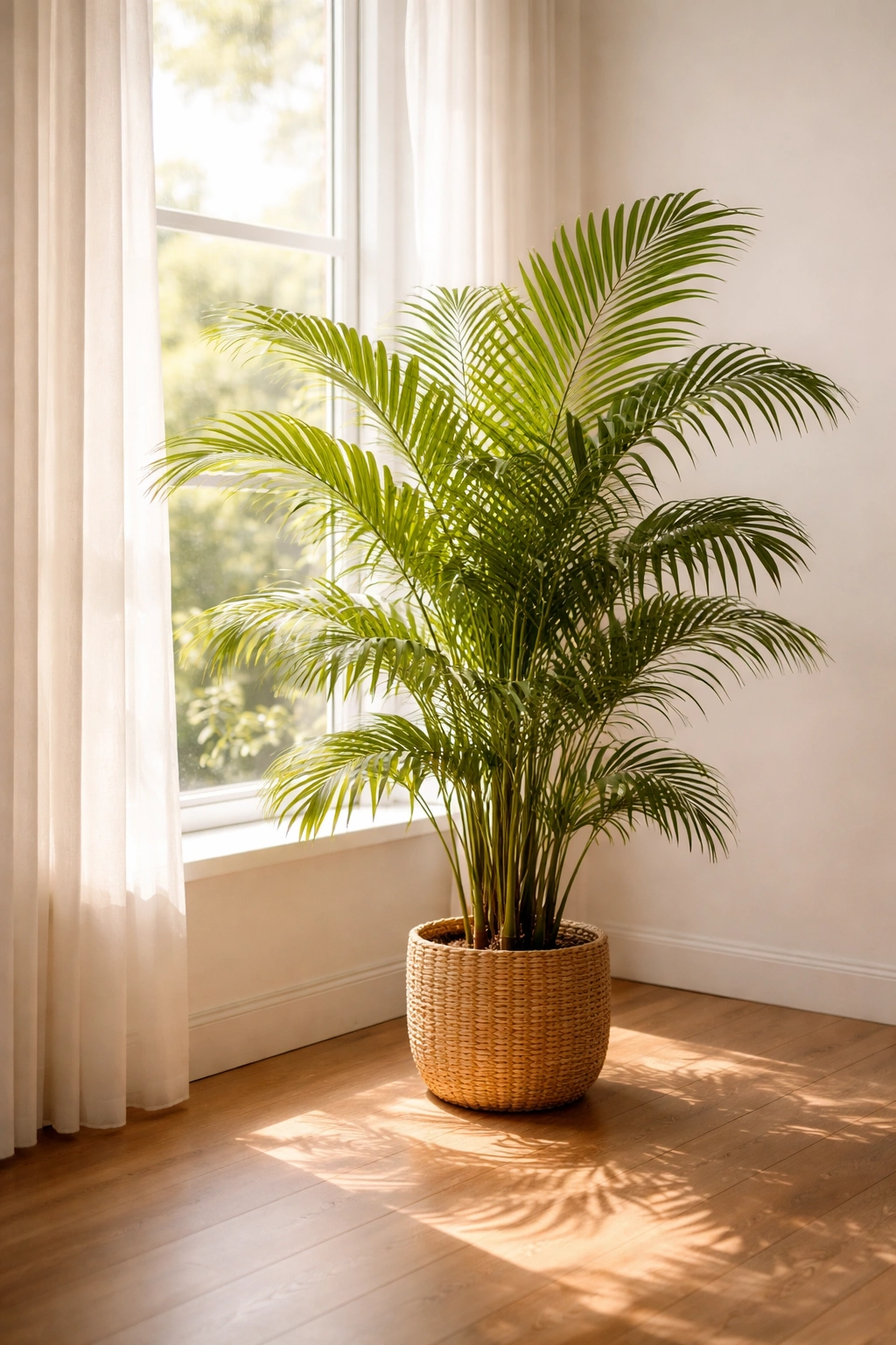 Indoor palm near window with bright indirect light on fronds