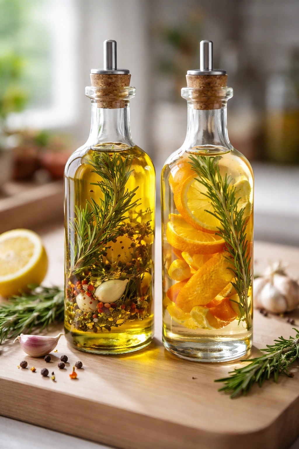 Close-up of infused oil and vinegar bottles with herbs and citrus visible inside