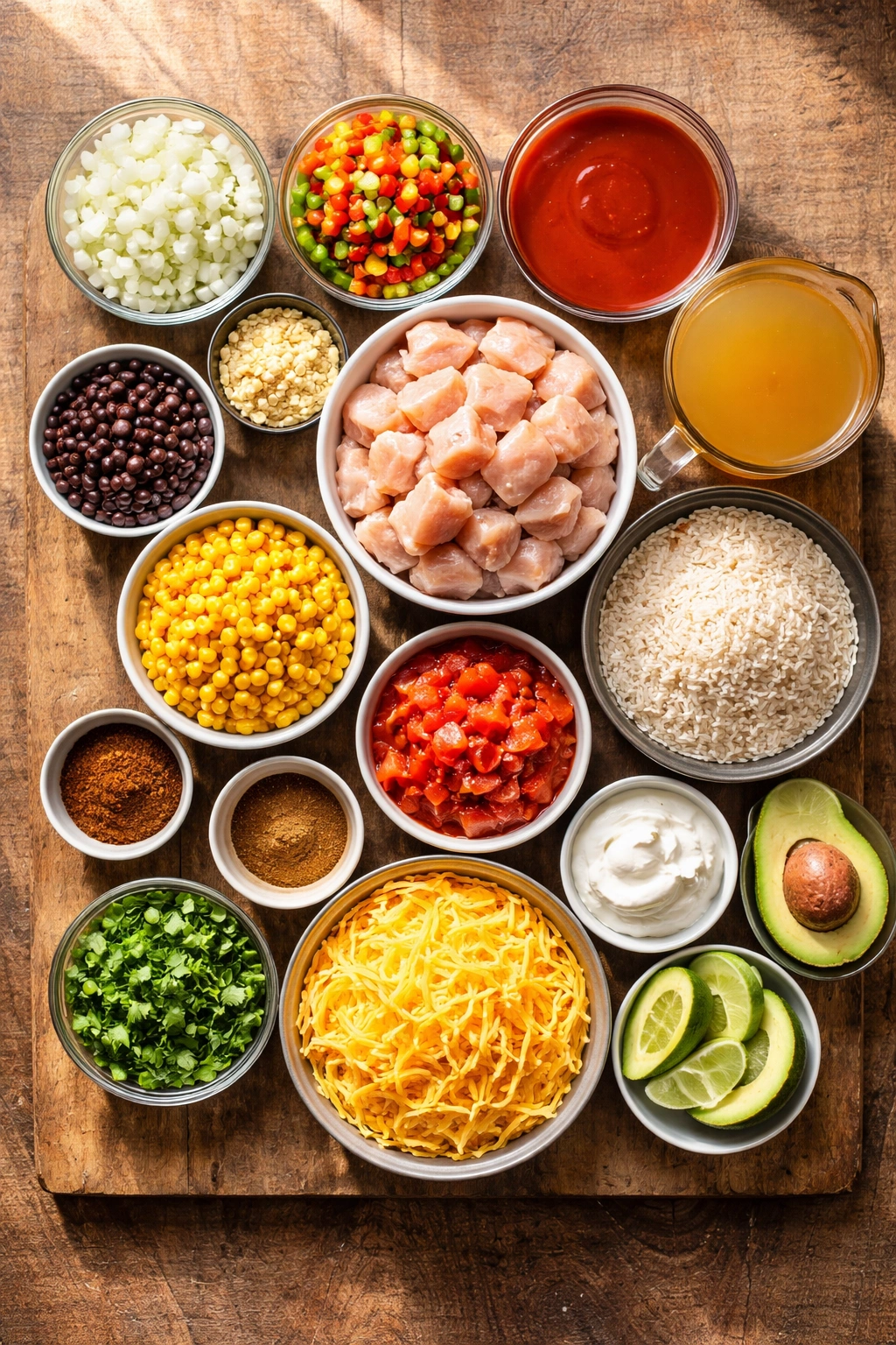 Top-down view of organized ingredient bowls for chicken enchilada rice: onions, peppers, garlic, chicken, rice, sauce, beans, corn, cheese, cilantro, lime