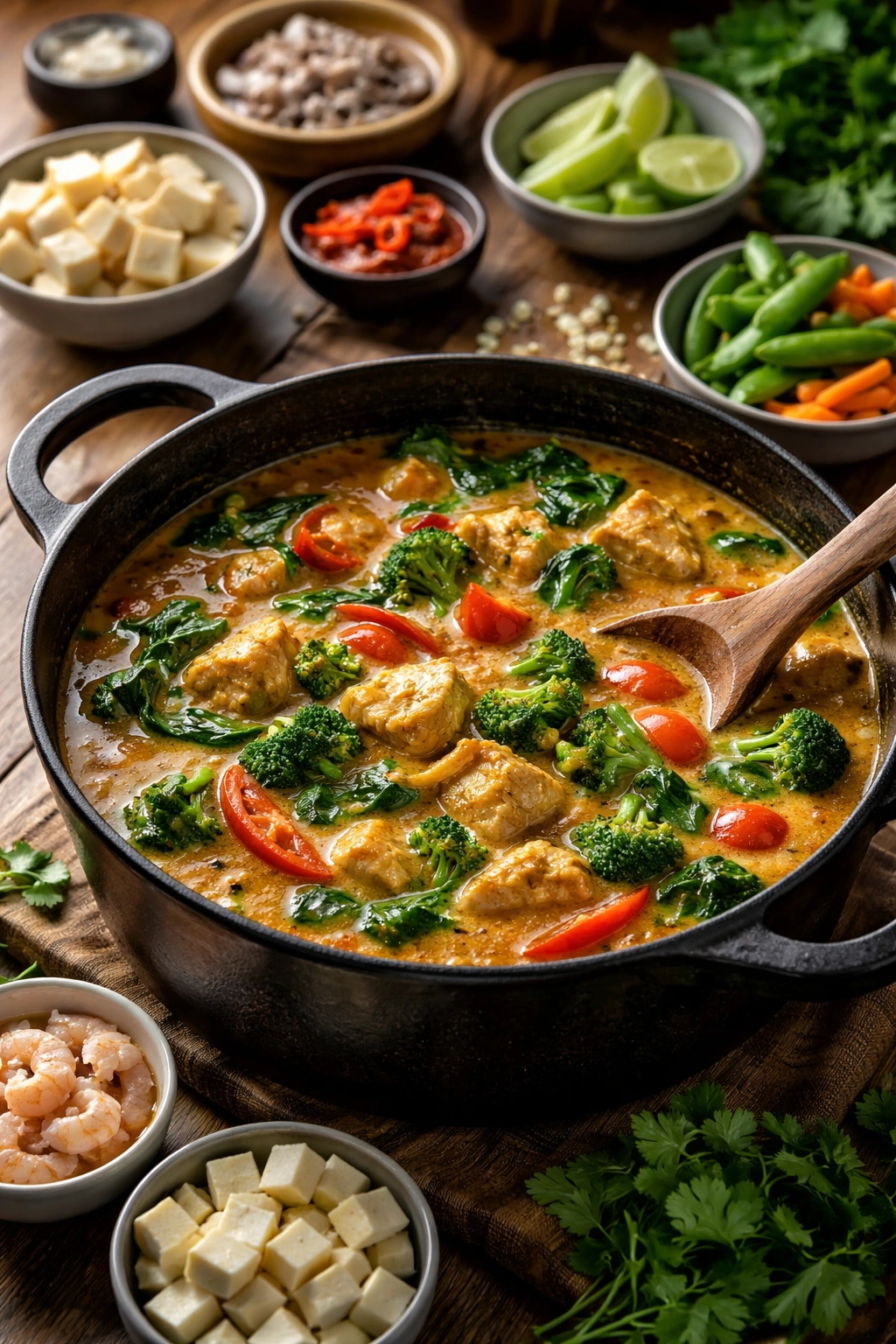 Curry in a rustic pot with chicken and vegetables
