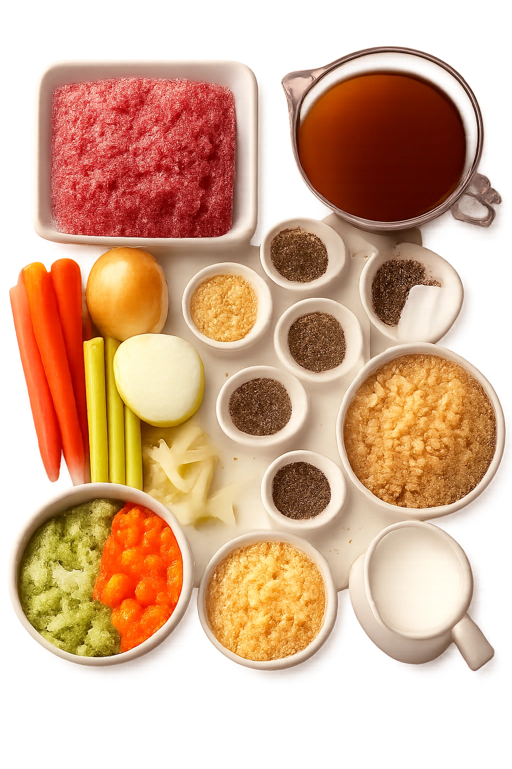 Flat lay of beef, vegetables, pasta, dairy, and herbs for cheeseburger soup