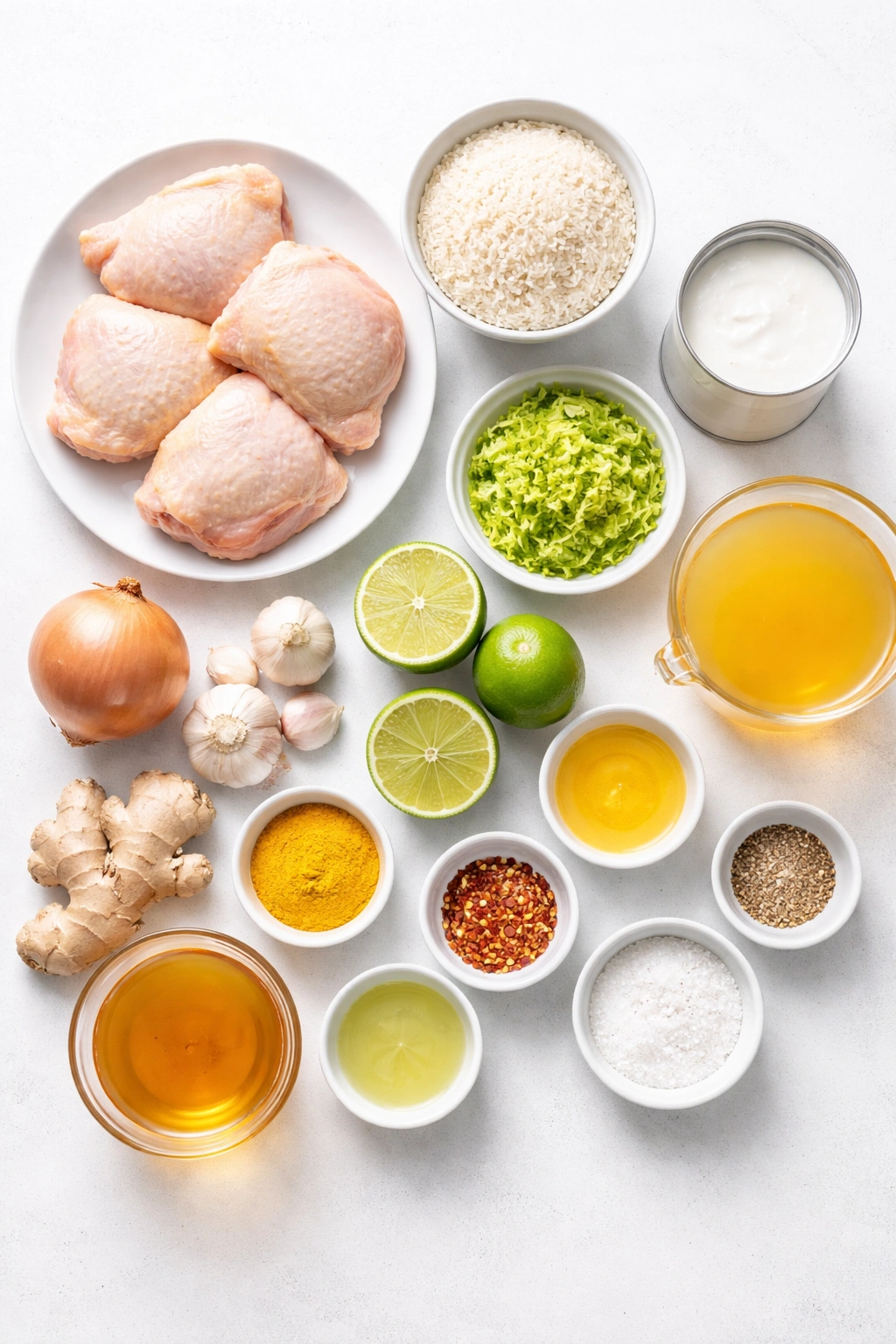 Flat lay of raw ingredients for coconut lime chicken and rice.