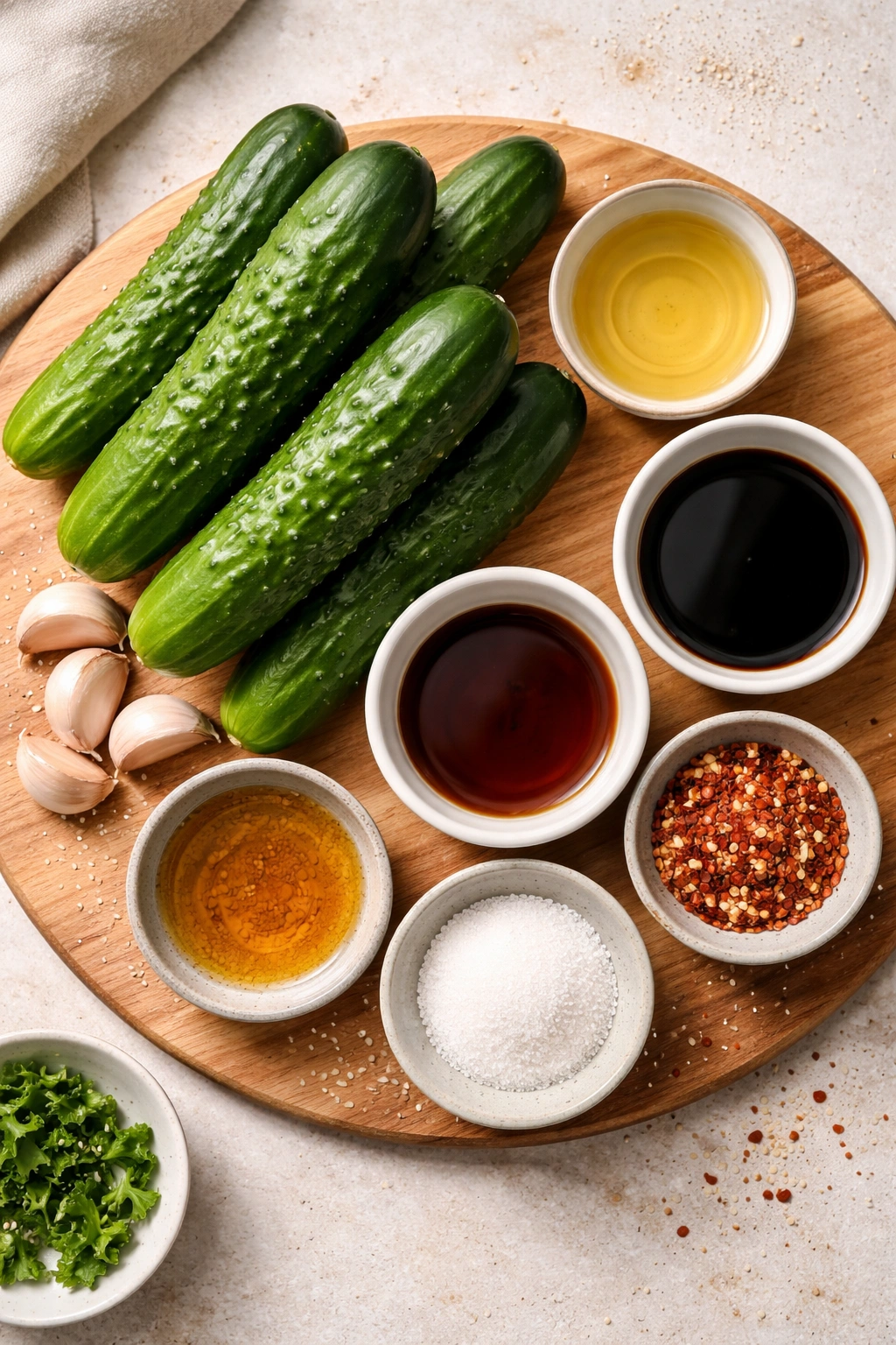 Flat lay of complete cucumber salad ingredients on wooden board