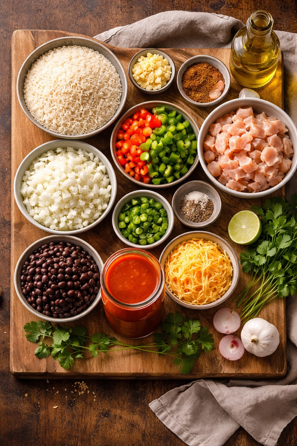 Raw ingredients for enchilada rice arranged on a wooden board
