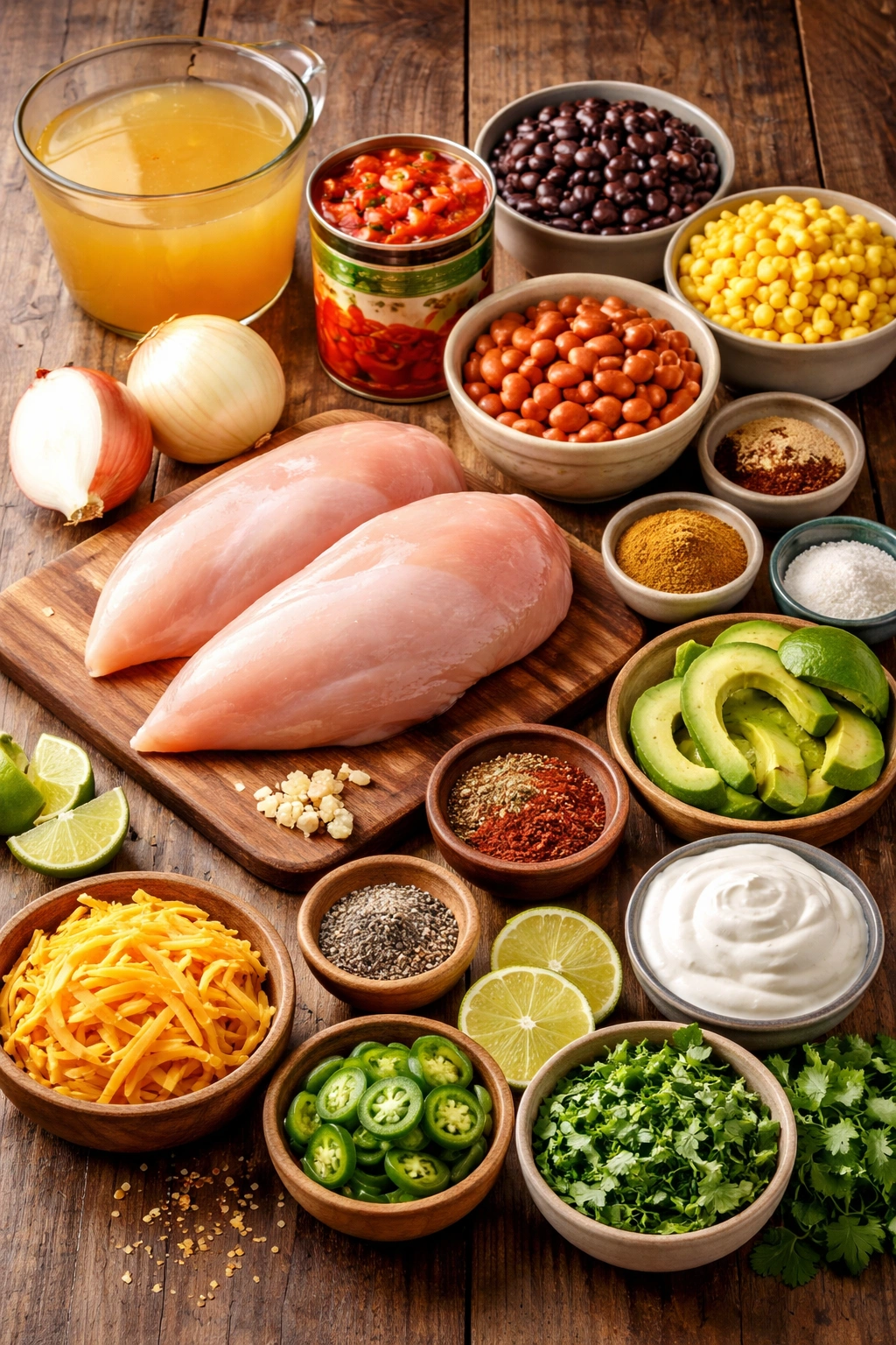 Complete set of soup base ingredients laid out ready to assemble