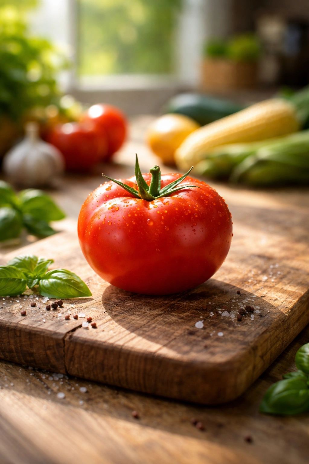 Single ripe tomato on cutting board under natural light