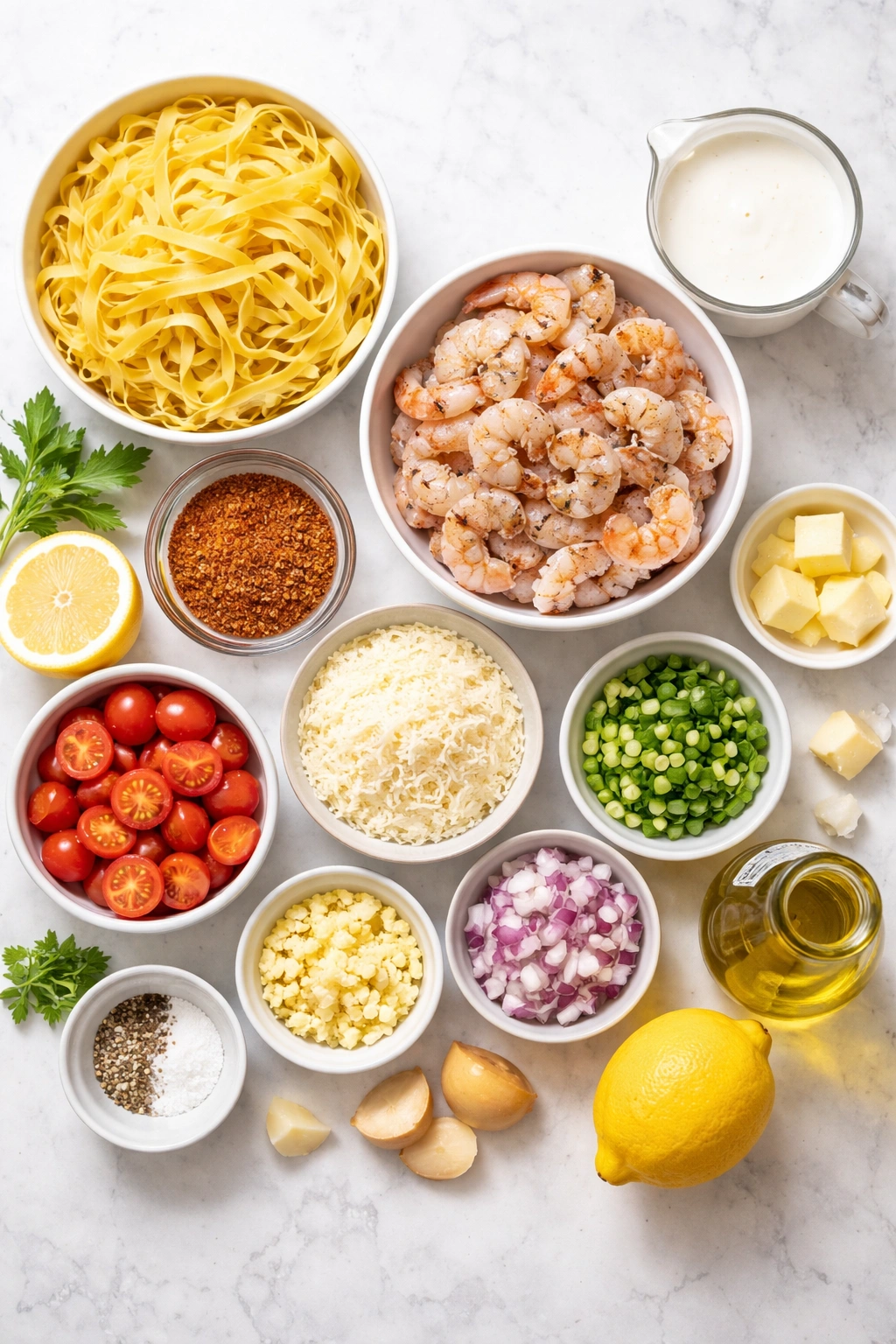 Ingredient setup for creamy Cajun shrimp pasta