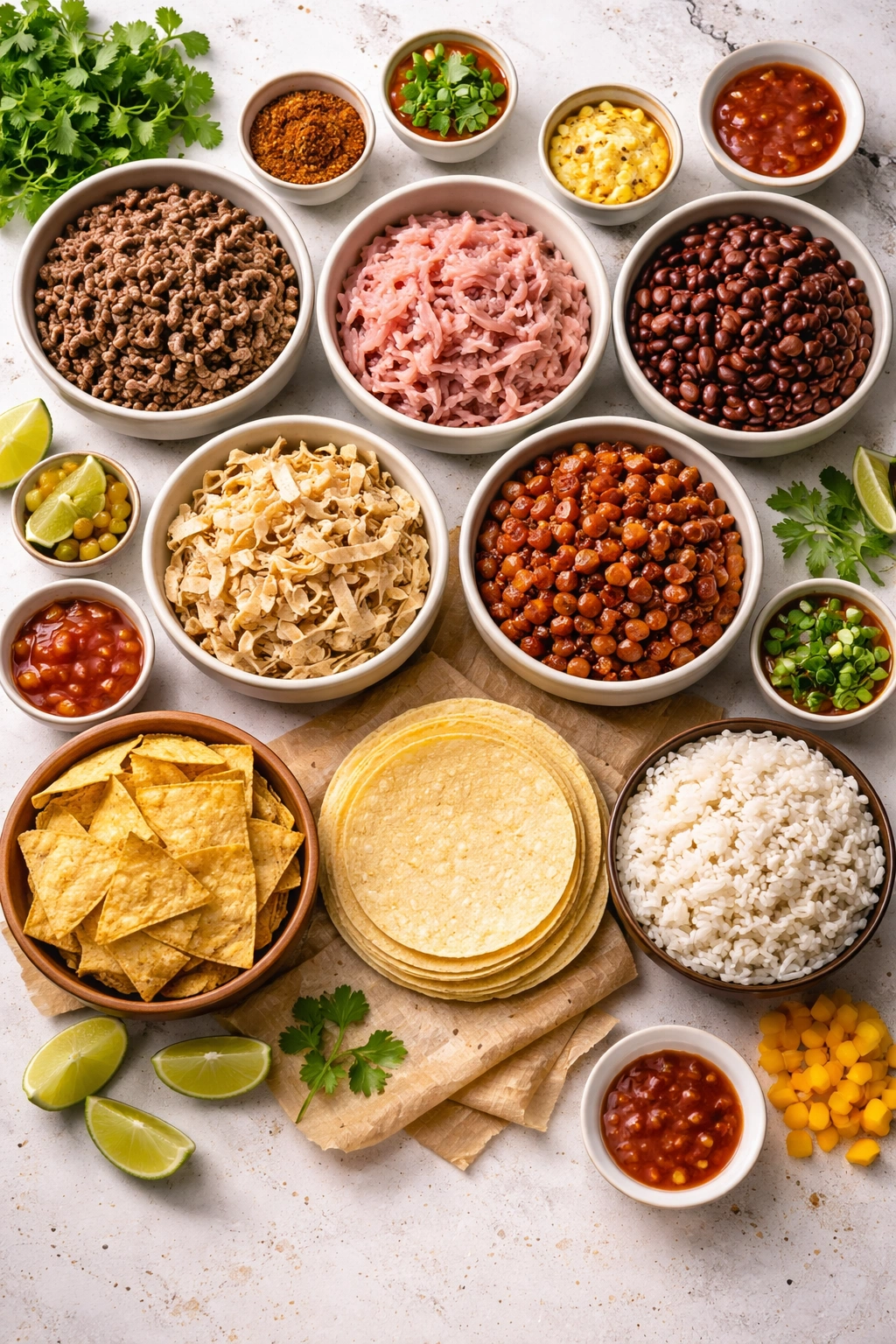 Assorted swap-friendly ingredients on a counter including meats, beans, and bases.