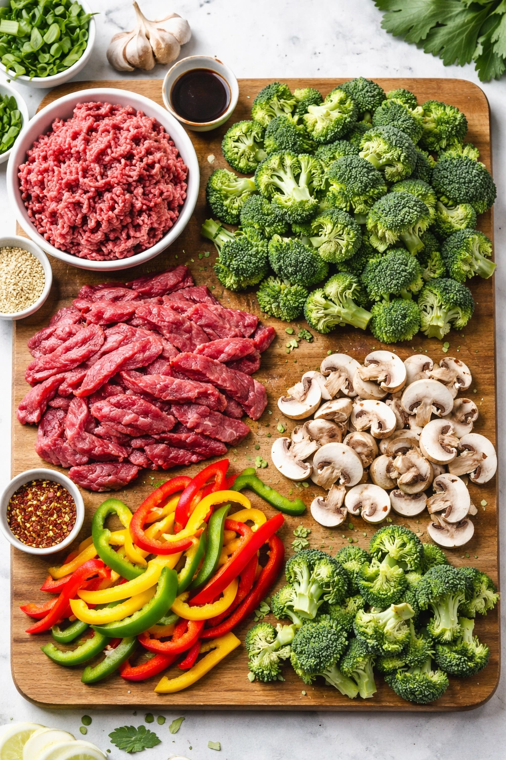 Assorted swap ingredients like ground beef, peppers, and mushrooms arranged for quick substitution.