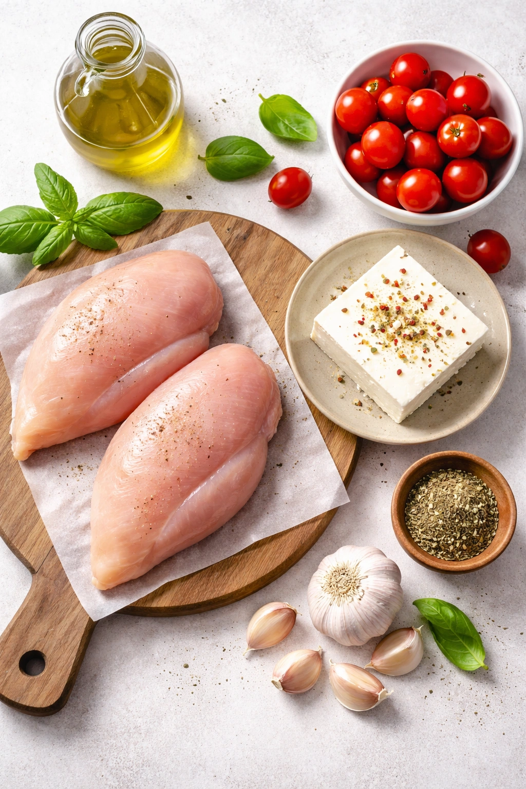 Flat lay of chicken, feta, garlic, tomatoes, olive oil and oregano for baked feta chicken