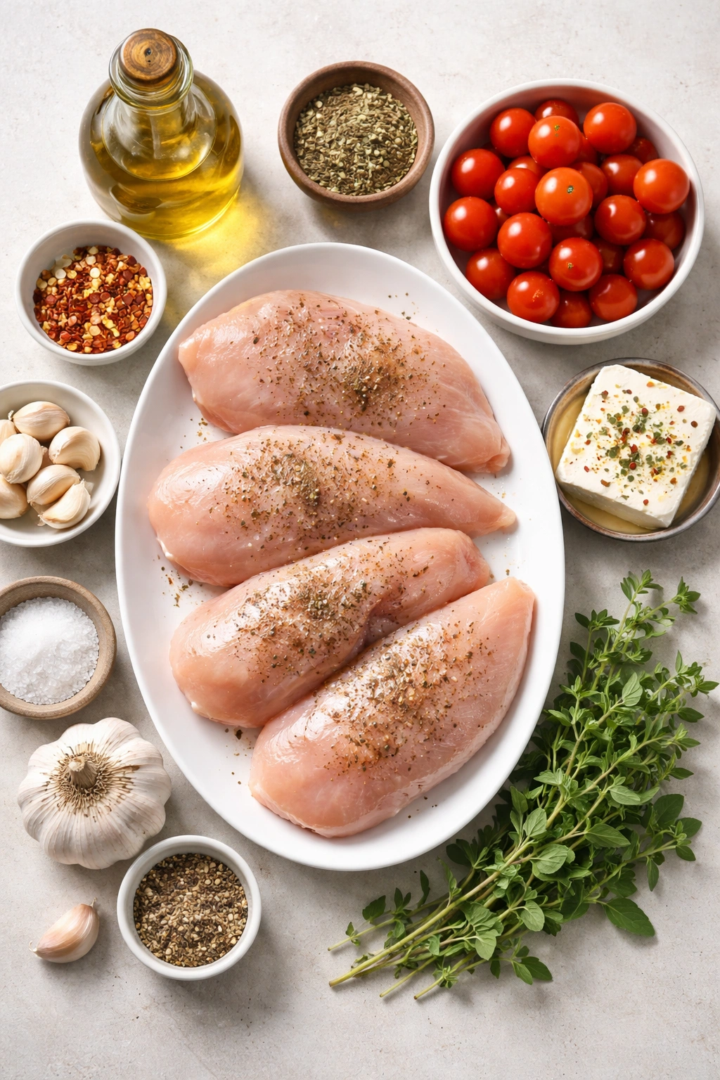 Top-down arrangement of chicken and ingredients for baked feta chicken with tomatoes and garlic