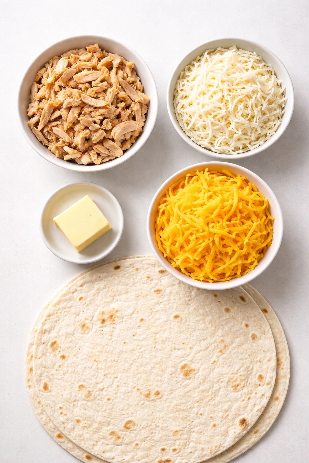 Flat lay of shredded chicken, mozzarella, cheddar, tortilla, and butter