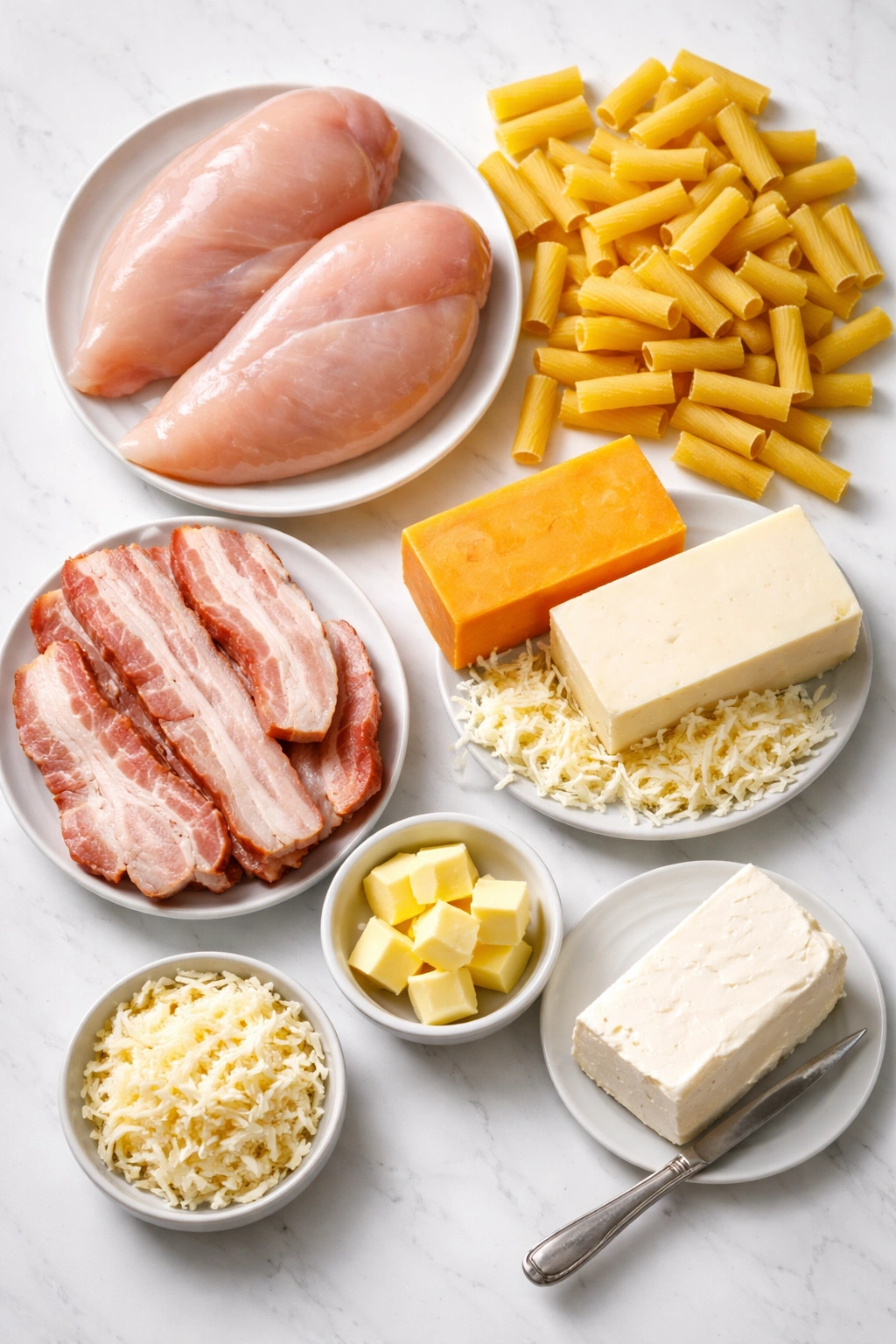 Flat lay of raw chicken, bacon, pasta, and cheeses.