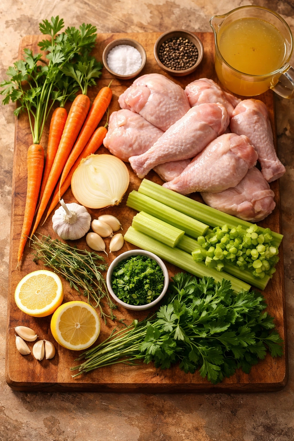 Raw chicken pieces with carrots, celery, and onion on a cutting board