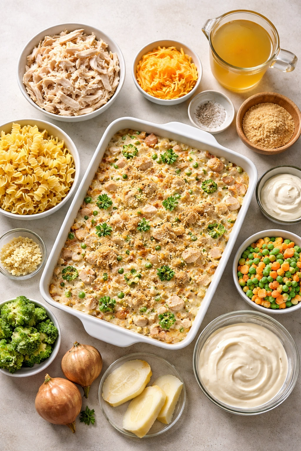 Creamy chicken casserole showing chicken, onions, and cheese