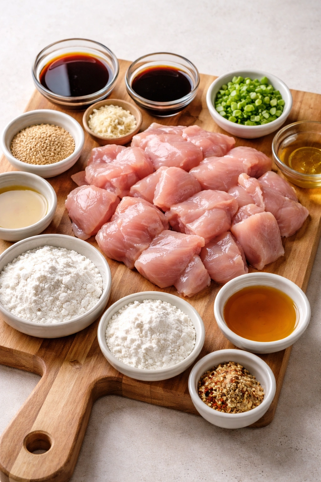 Raw chicken thigh with flour and cornstarch on wooden board