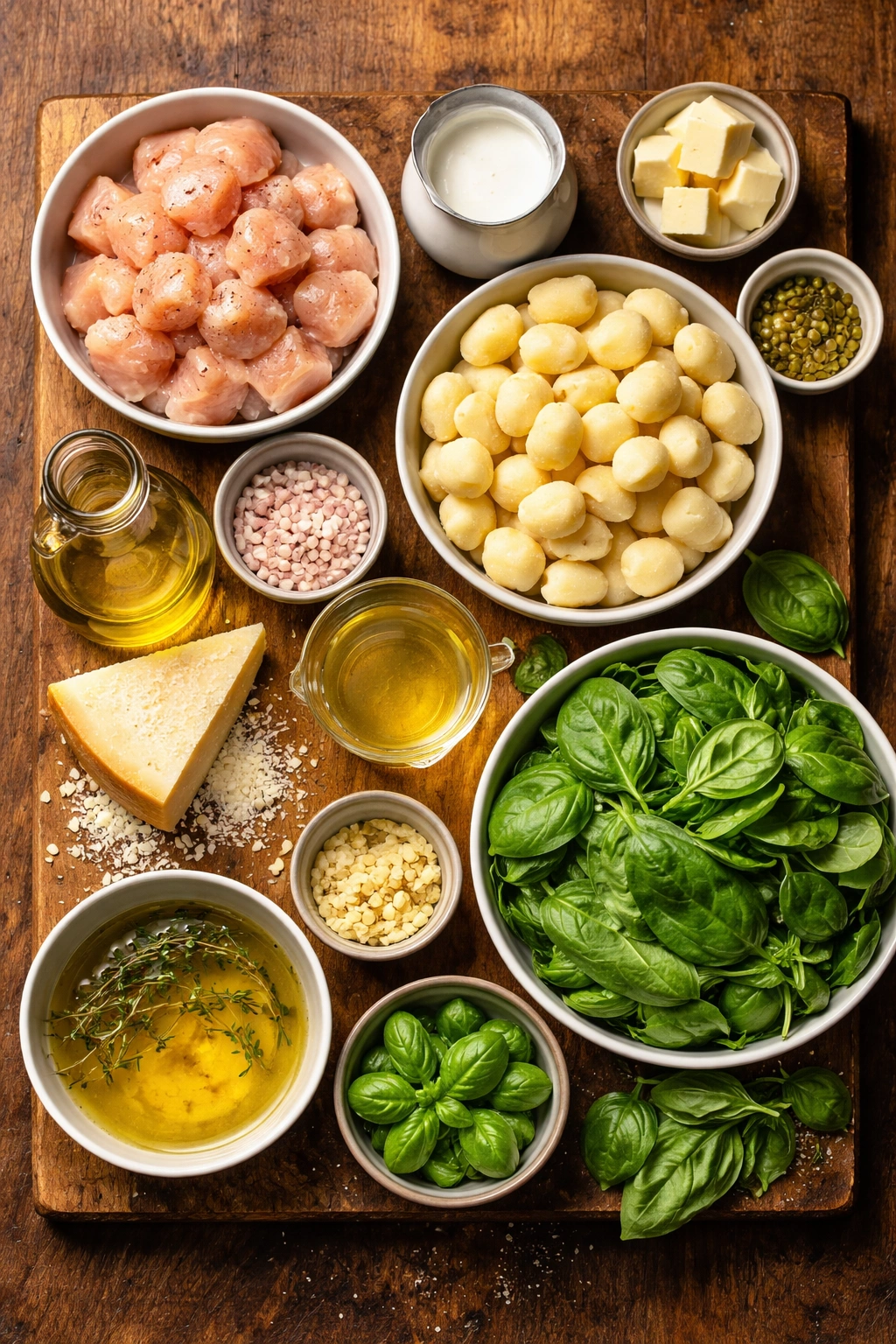 Ingredients for chicken gnocchi laid out on a wooden board