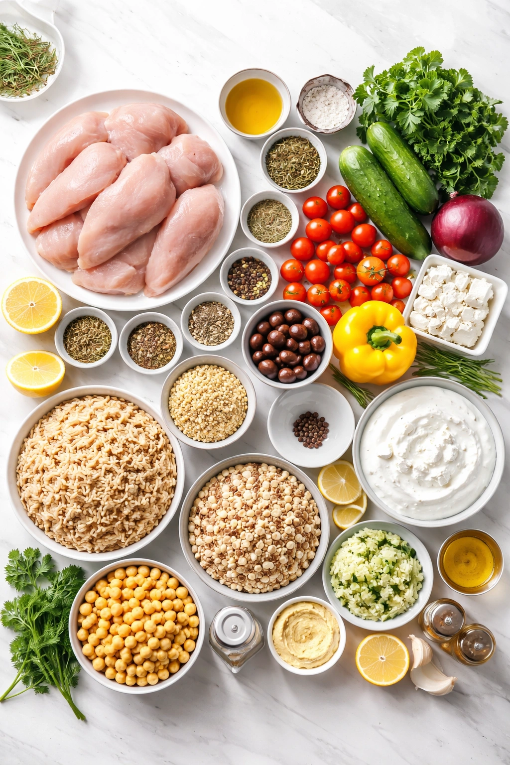 Visual spread of complete ingredients for Greek chicken bowls