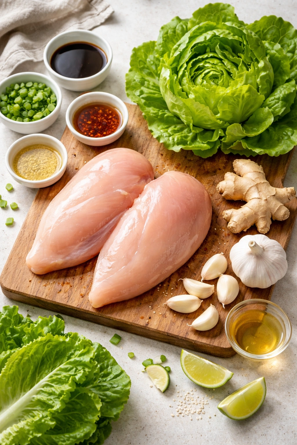 Flat lay of chicken, lettuce, garlic, and ginger on a wooden board