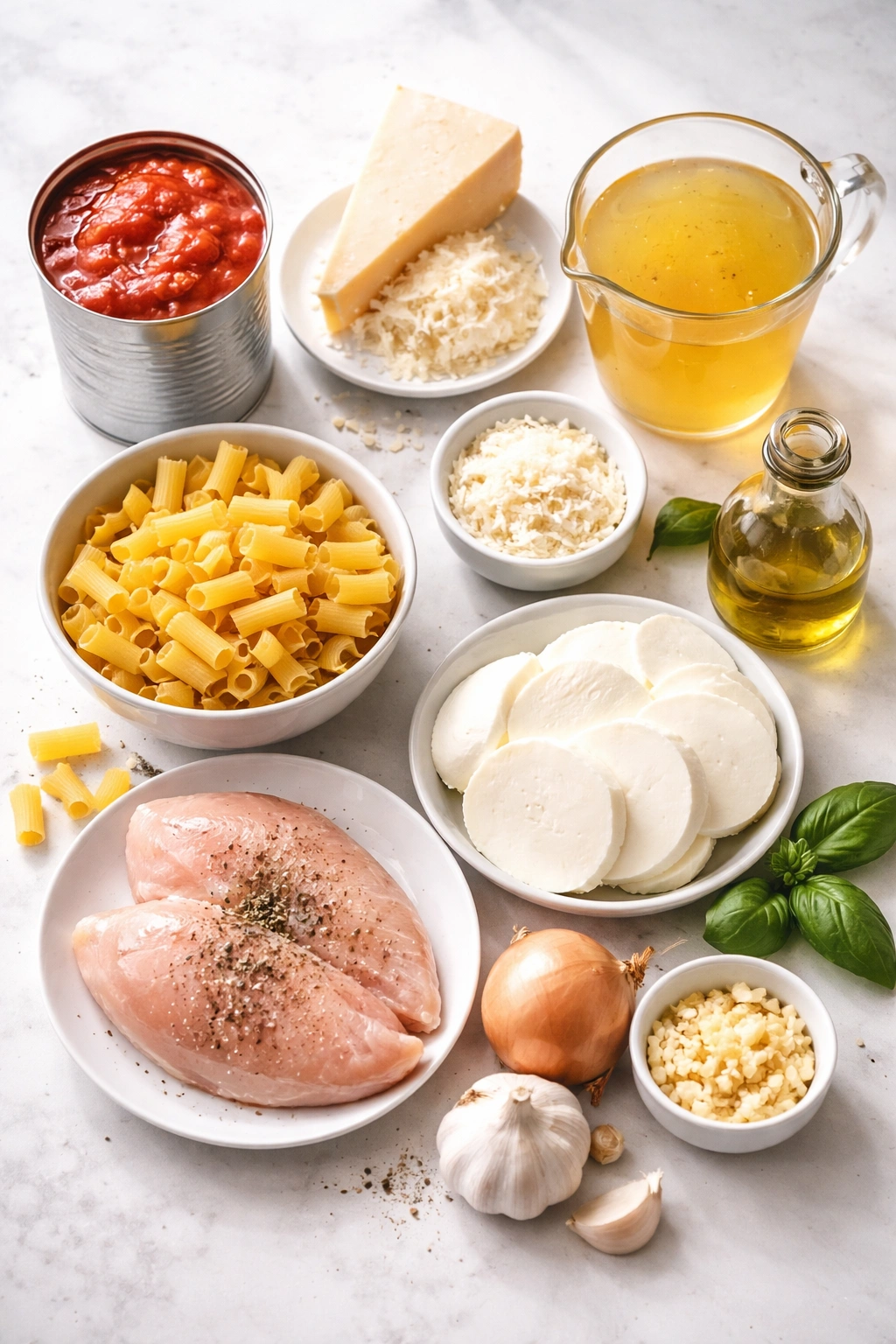 organized assortment of essential ingredients for chicken parm soup
