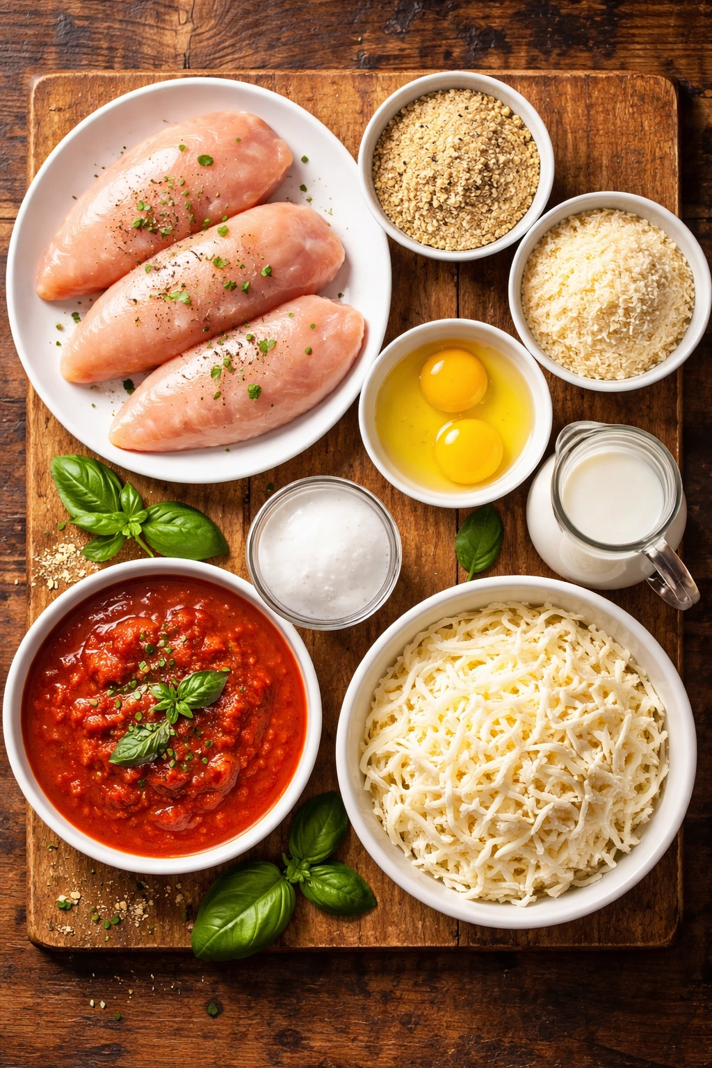 Top-down view of chicken and ingredient bowls on wooden surface for recipe prep