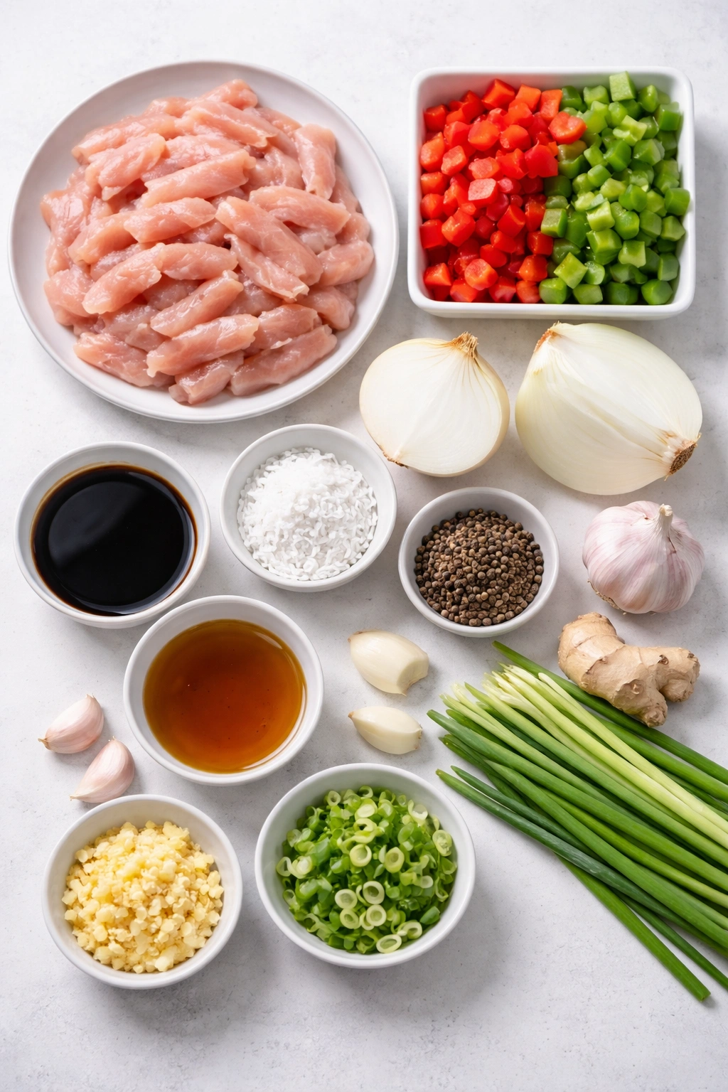 Top-down view of ingredients for black pepper chicken