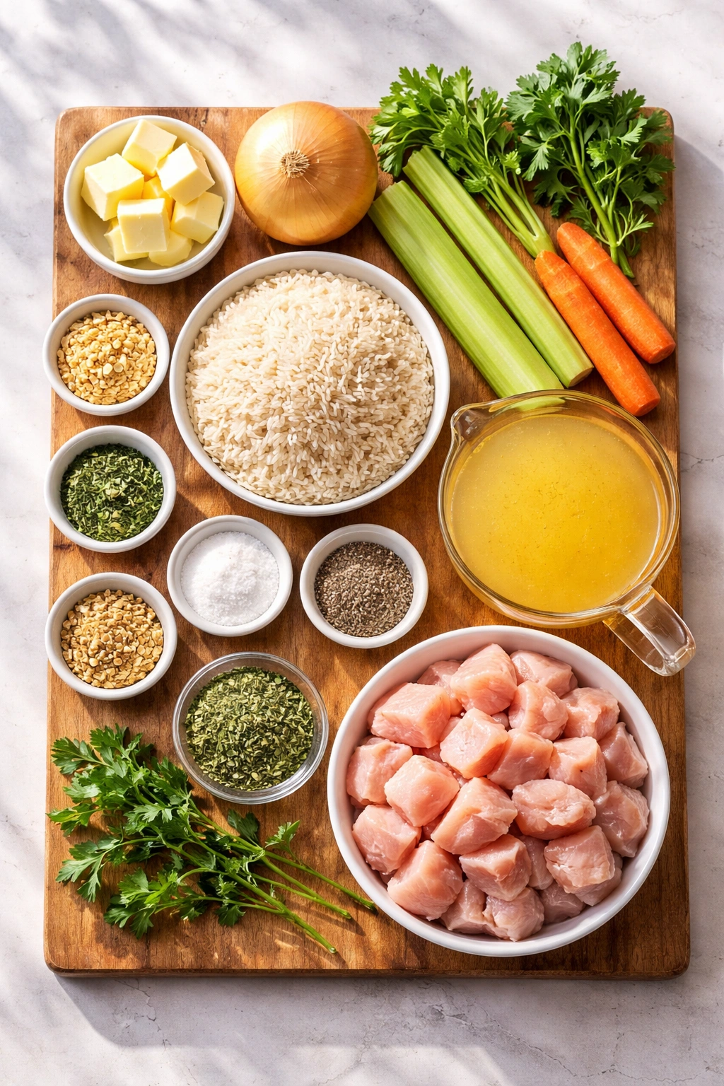 Top-down view of raw ingredients for chicken and rice on a wooden surface including butter, onion, celery, carrot, rice, stock, parsley, salt, pepper, and chicken pieces