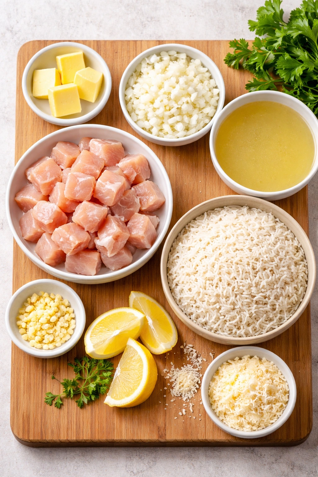 Top-down assortment of butter, chicken, onion, garlic, rice, broth, lemon, and Parmesan