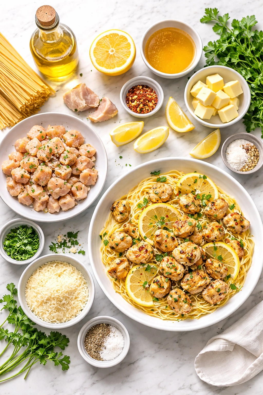 Ingredients around a plated chicken scampi dish on a clean countertop
