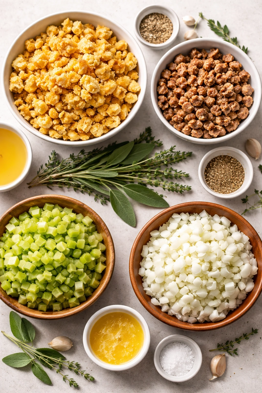 Top-down view of key cornbread dressing ingredients on a clean surface