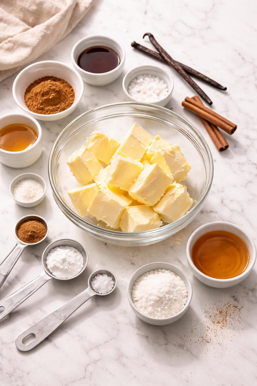 Softened unsalted butter with measuring spoons and cinnamon on a bright kitchen counter