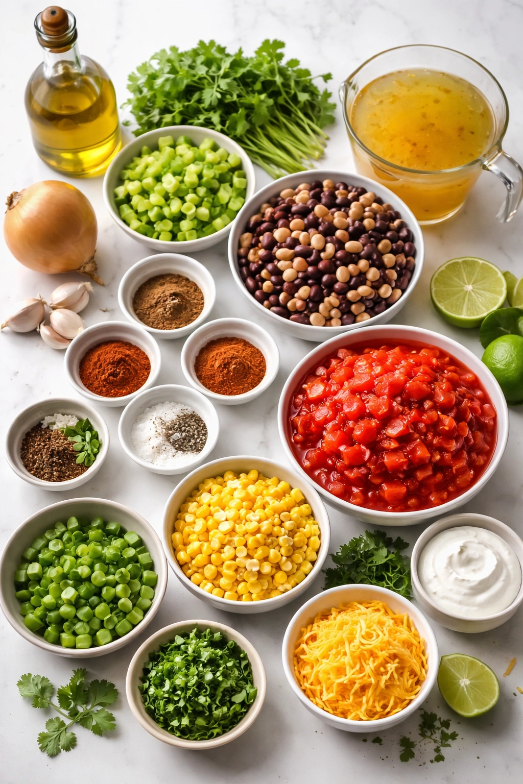 Assorted soup ingredients arranged on a counter for corn and bean soup