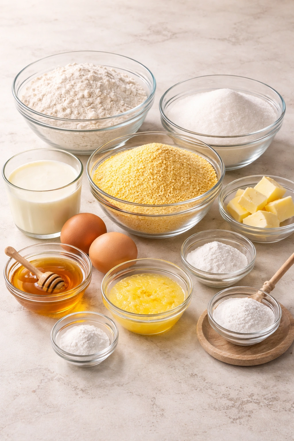 Ingredients laid out for cornbread batter on a kitchen counter