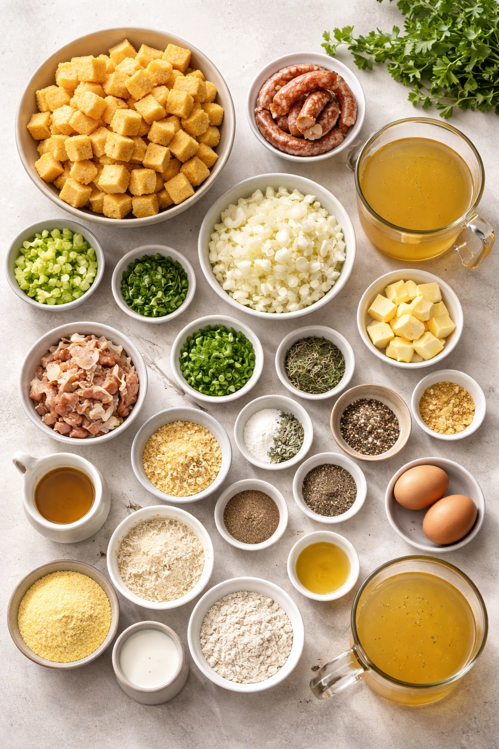 Flat lay of cornbread and dressing ingredients on a light countertop