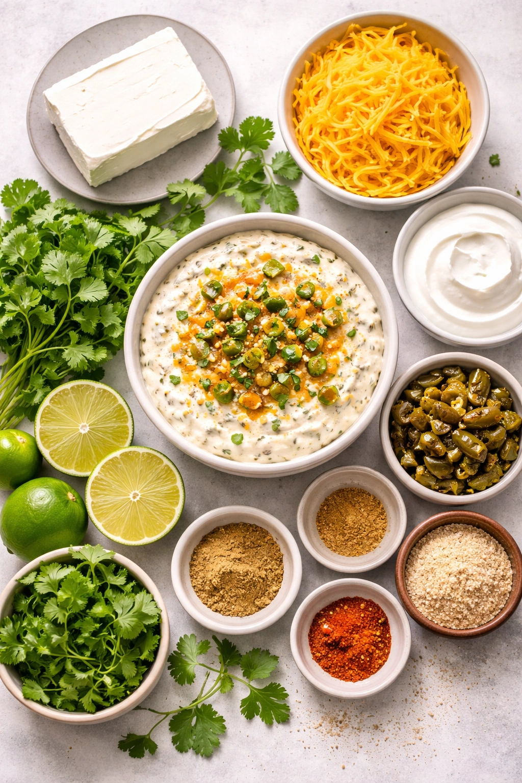 Ingredient lineup around a bowl of jalapeño dip