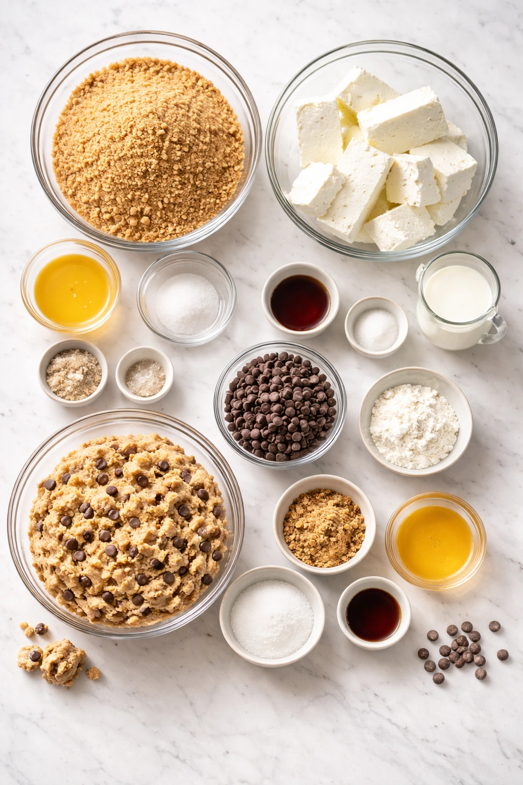 Top-down view of crust and filling ingredients arranged on a clean surface.