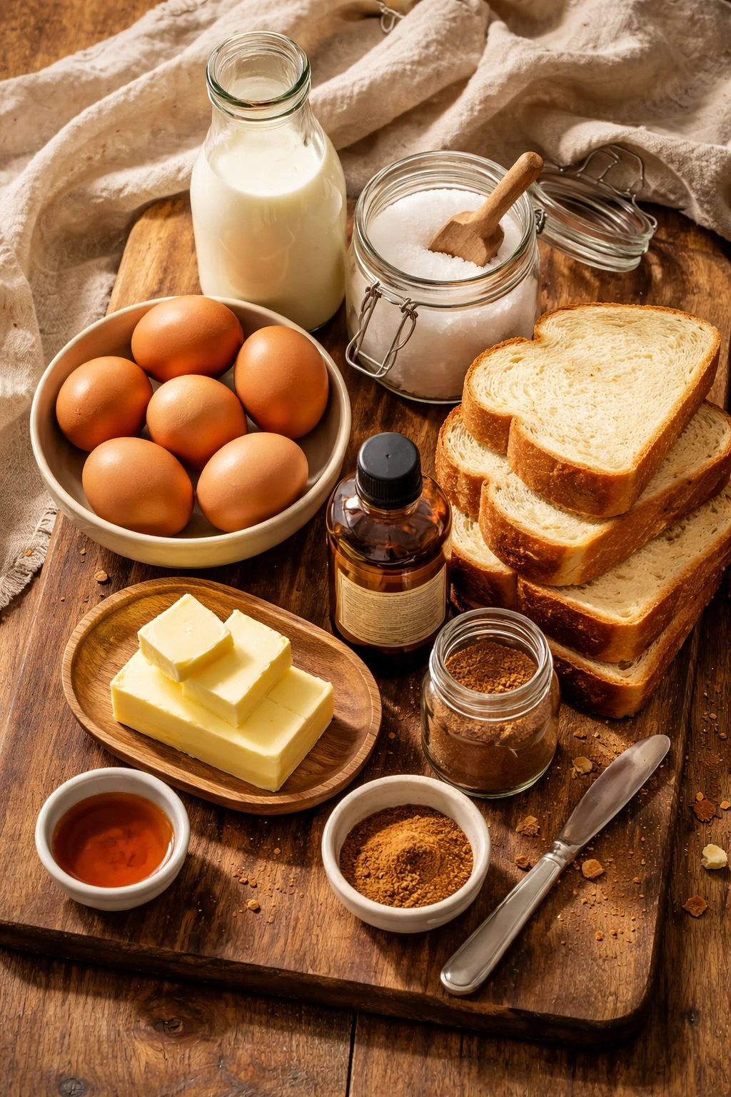 Ingredients arranged for French toast including eggs, milk, sugar, vanilla, cinnamon, butter, bread