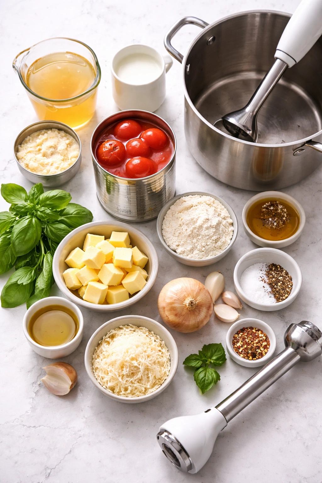 Overhead view of soup ingredients and equipment arranged on a clean surface