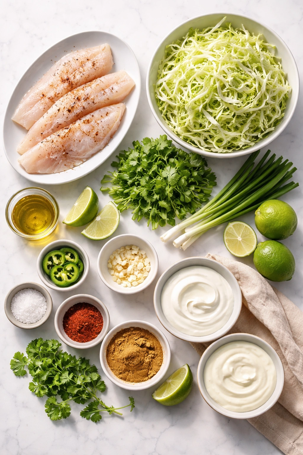 Still-life of fish, cabbage, cilantro, limes, and crema ingredients